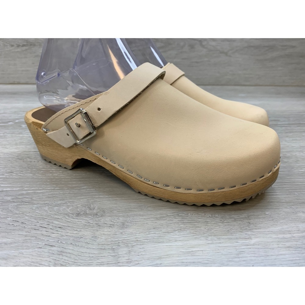 MIA Elsa Swedish Clogs Beige Leather Wood Platform Shoes 8.5 Made in Sweden